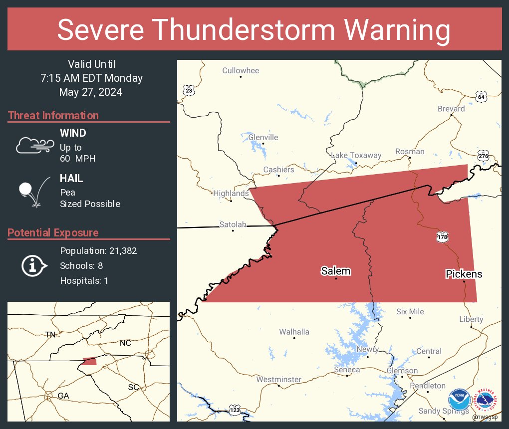 Severe Thunderstorm Warning continues for Pickens SC and Salem SC until 7:15 AM EDT