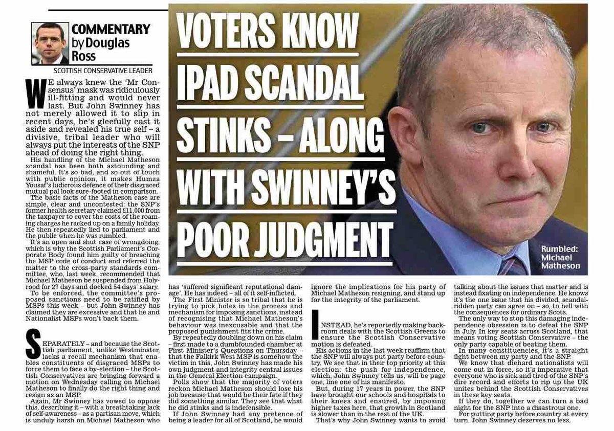 ✍️@Douglas4Moray: John Swinney must stop defending his ‘friend’ Michael Matheson and kick the disgraced iPad MSP out of his party.