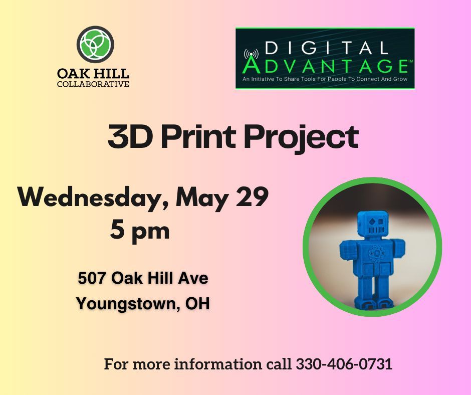 Join us for the 3D printing fun this week!
To wrap up the 3D Troubleshooting workshops throughout the month of May, our digital navigator Pam will guide learners through the process of 3D printing a small project.
#DigitalAdvantage #digitalinclusion #digitalequity #3dprinting