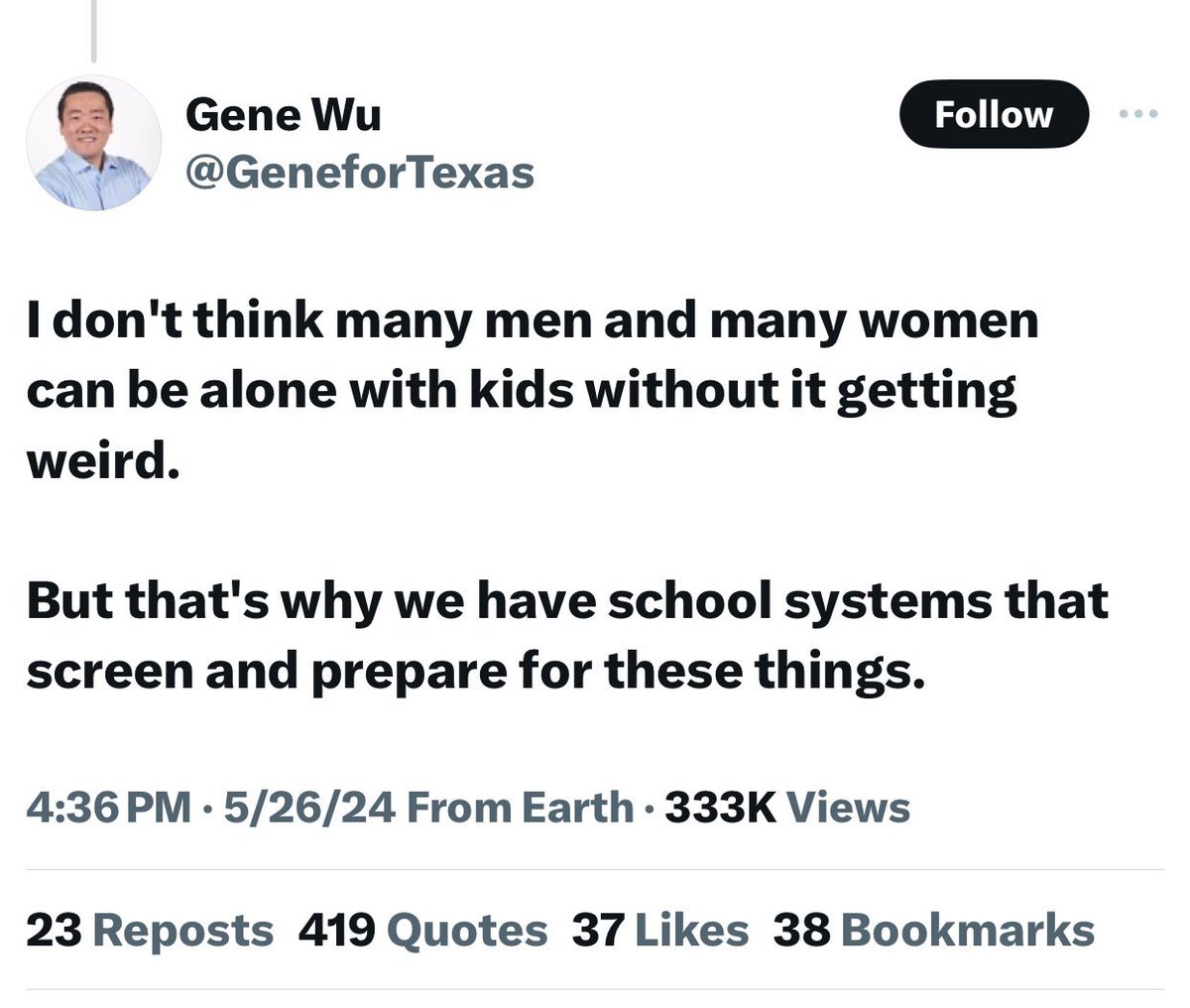 As God as my witness we did not alter this post by State Rep (D) Gene Wu. This is extremely scary because he has kids in his home. He should be booted for this statement. @GregAbbott_TX @abrahamgeorge @reptinderholt @houstonpolice