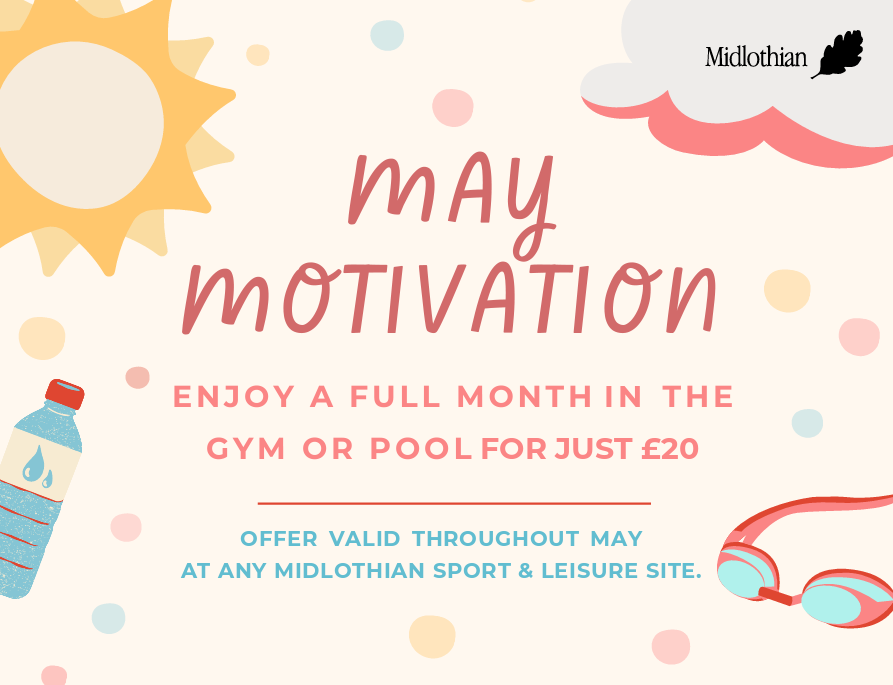 May motivation: just a few more days left to snap up a gym-only or swim-only pass for only £20! Valid for a month from purchase, from any Midlothian Sport & Leisure site. That's a full month at the gym or pool for an amazing 66p a day! ow.ly/9VHV50RBiqW