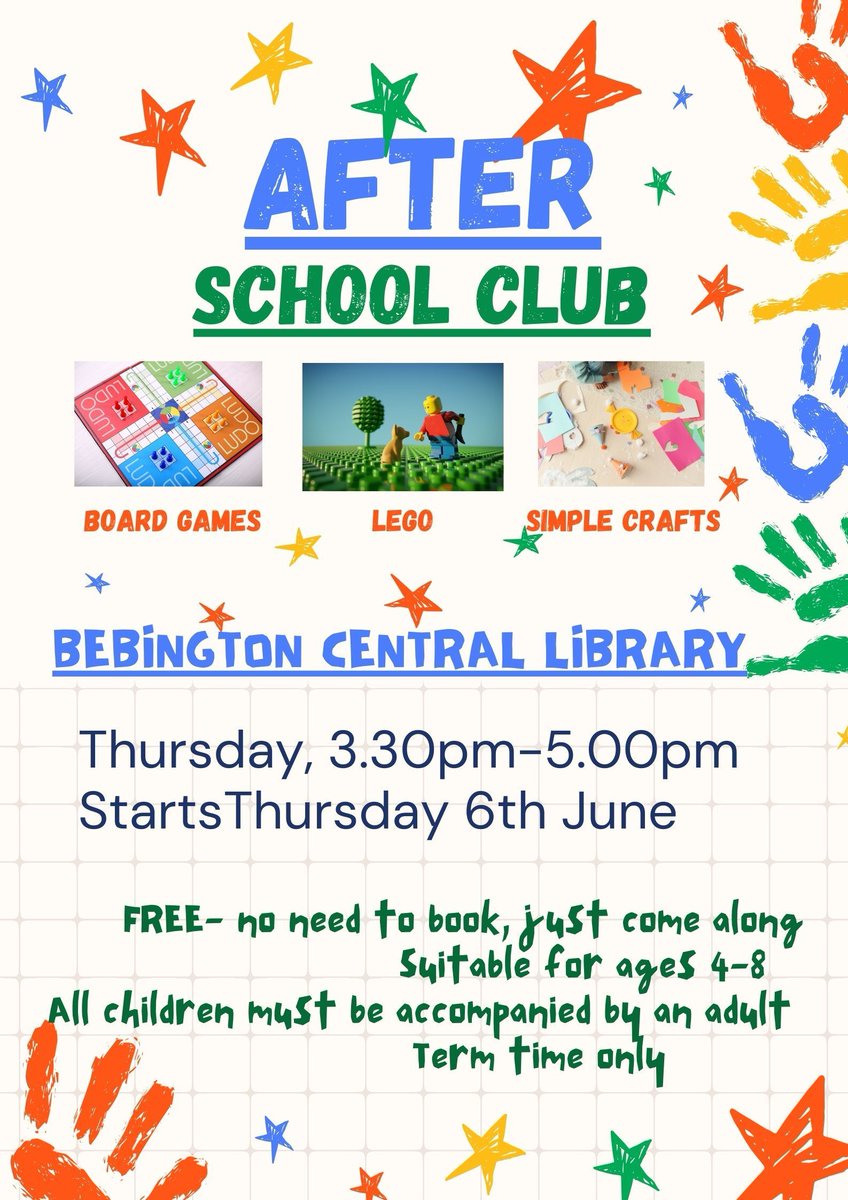 👀 Heads up! Another After School Club is starting at Bebington Library after half term! Thursdays between 3:30 & 5pm starting 6th June. No need to book - just turn up and wind down with crafts, games and lego before tea! See you there!