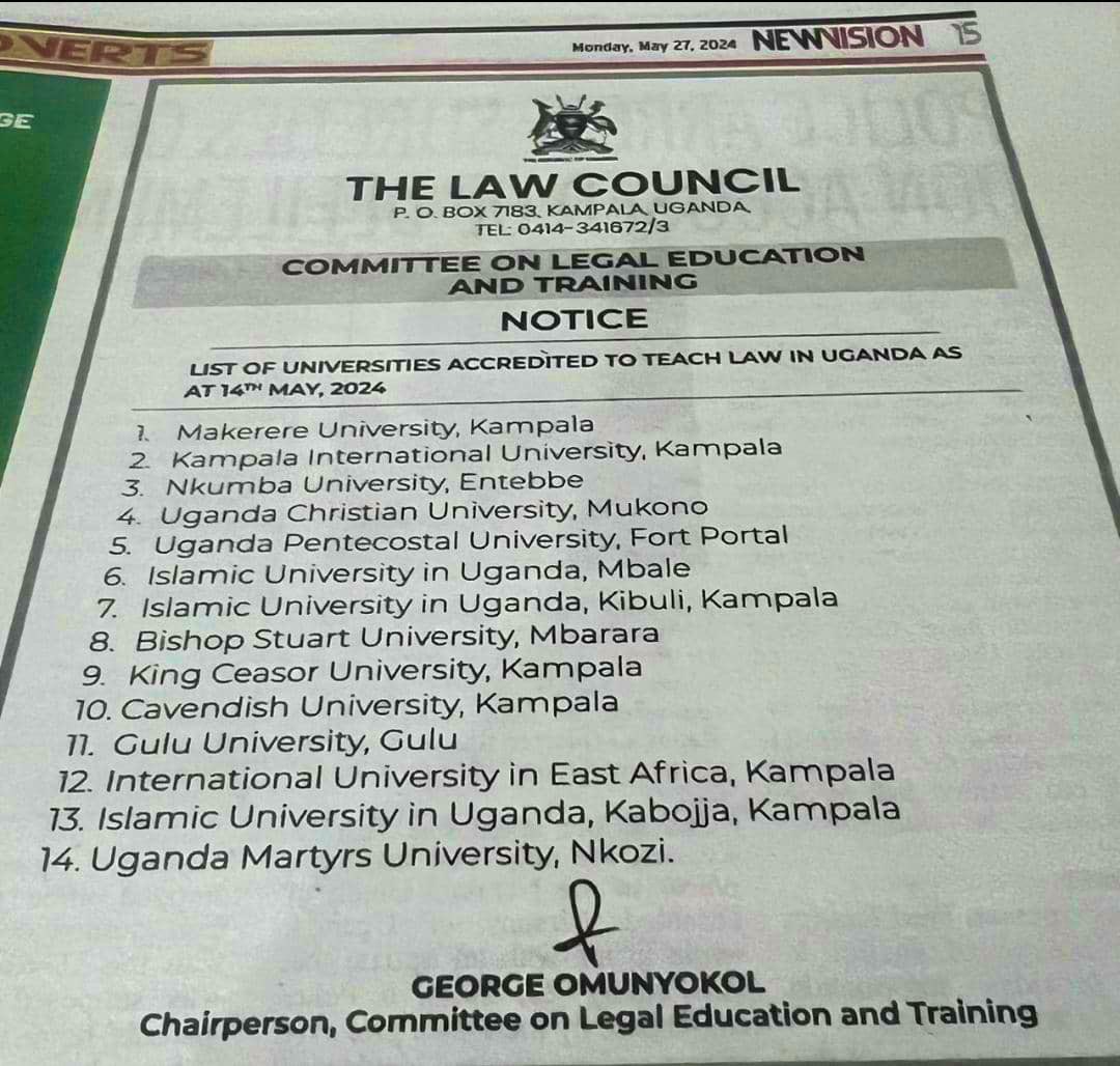 The Law Council through its Committee on Legal Education and Training has published a list of Universities accredited to teach Law in Uganda. Find copy in today’s @newvisionwire page 15. #LDCUgCT