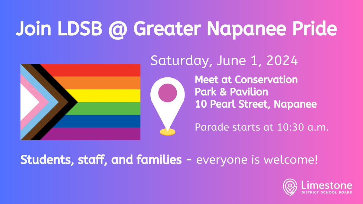 Join Limestone this Saturday at the Greater Napanee Pride Parade! Meet at Conservation Park and Pavillion (10 Pearl Street, Napanee) in advance of the parade starting at 10:30 a.m. Staff, students, and families are all welcome!