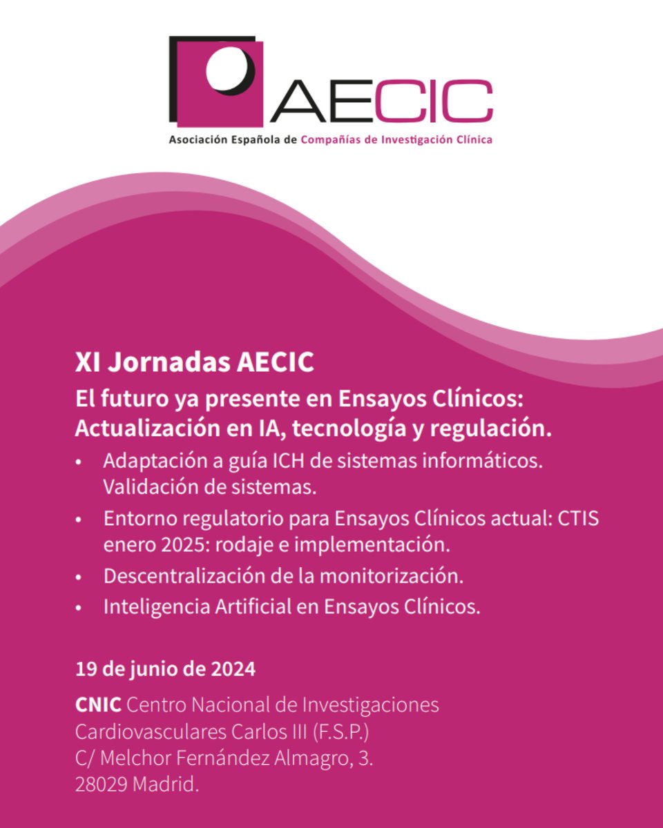 🌟¡El 19 de junio estaremos en las XI Jornadas de @AECIC_org, donde además recibiremos su apoyo para continuar con la investigación del #Dravet.🌟 📅 19/06 📍 CNIC, Madrid 📲 aecic.org ¡Juntos avanzamos en la #InvestigaciónClínica y la concienciación de #Dravet!💜