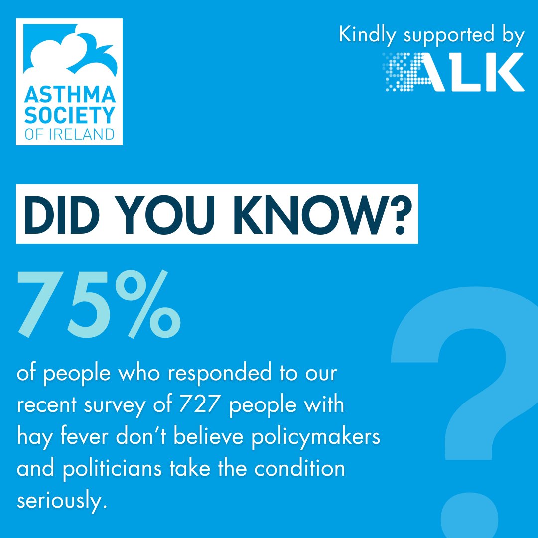 📣 Did you know? 75% of 727 survey respondents with hay fever feel policymakers and politicians don't take their condition seriously.

Find our top tips for managing your hay fever on asthma.ie

#Asthma #AsthmaSociety #HayFever
