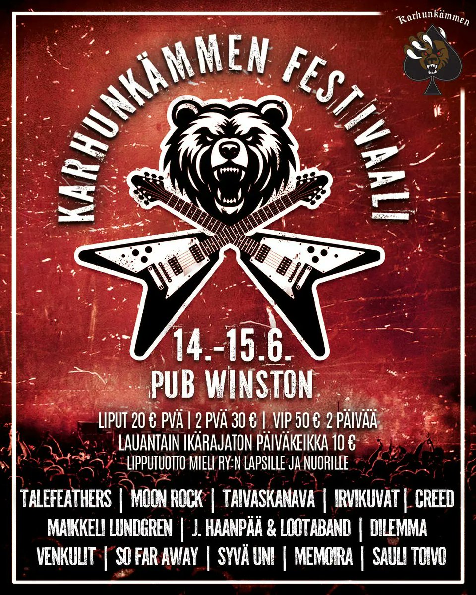 karhunkammen's tweet photo. Karhunkämmen Festivaali  myynnissä NYT!
Tällä kertaa kaksipäiväisenä🔥
Pe-la 14-15.6.24
Paikka: Winston live(Kulttuurikulma) sekä Pub Winston  takapiha 
Liput ennakkoon 1pvä 20€
2pvä 30€
La ikärajaton päivätapahtuma 10€
Vip 2 pvä 50€ #karhunkämmen https://t.co/ap07PWwciF