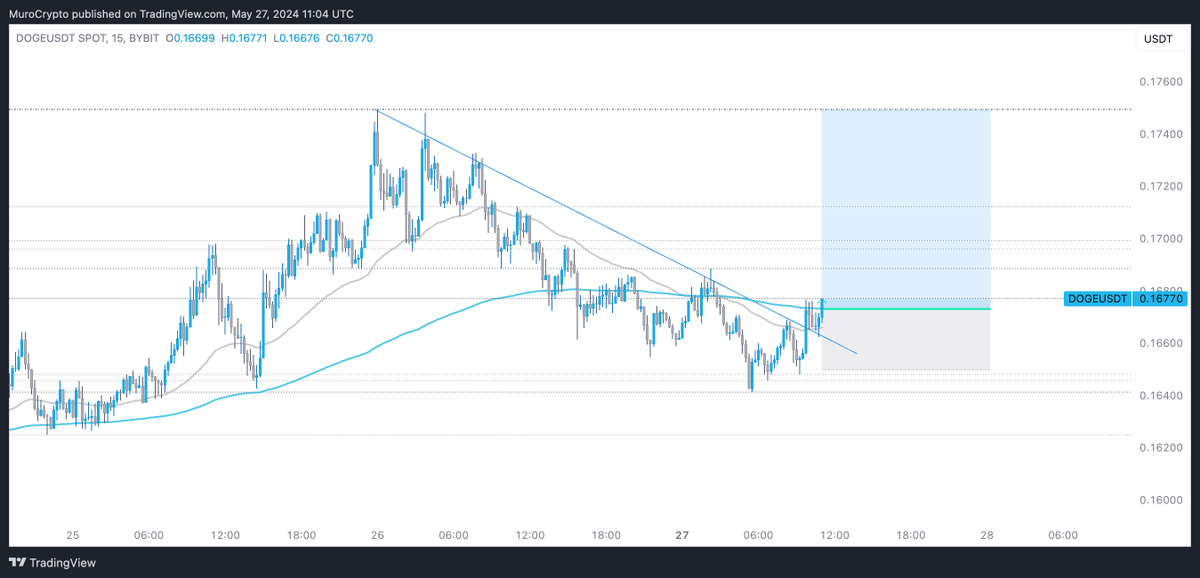 Market long $DOGE, stop 0.165, target 0.175