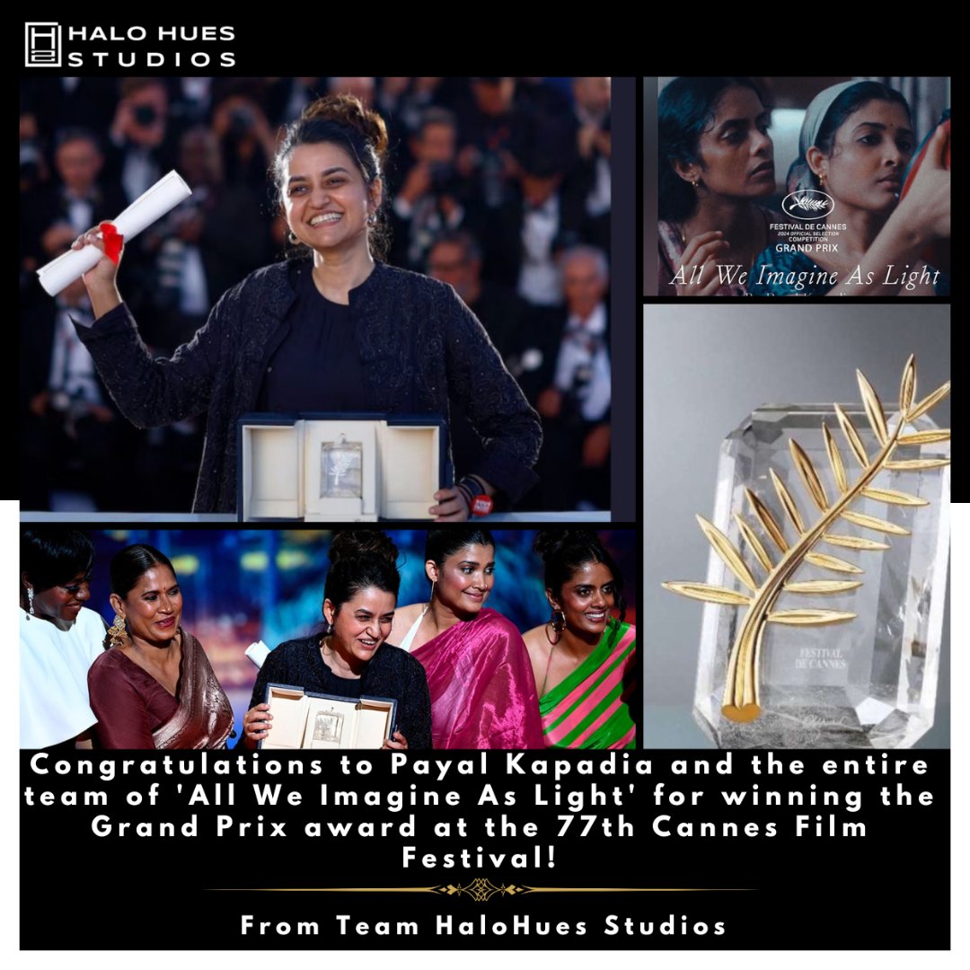 🎬📷Congratulations to Payal Kapadia and the entire team of 'All We Imagine As Light' for winning the Grand Prix award at the 77th Cannes Film Festival! 
#Cannes2024 #GrandPrix #FilmFestival #Filmes #AWARD #CelebratingTalent #AllWeImagineAsLight