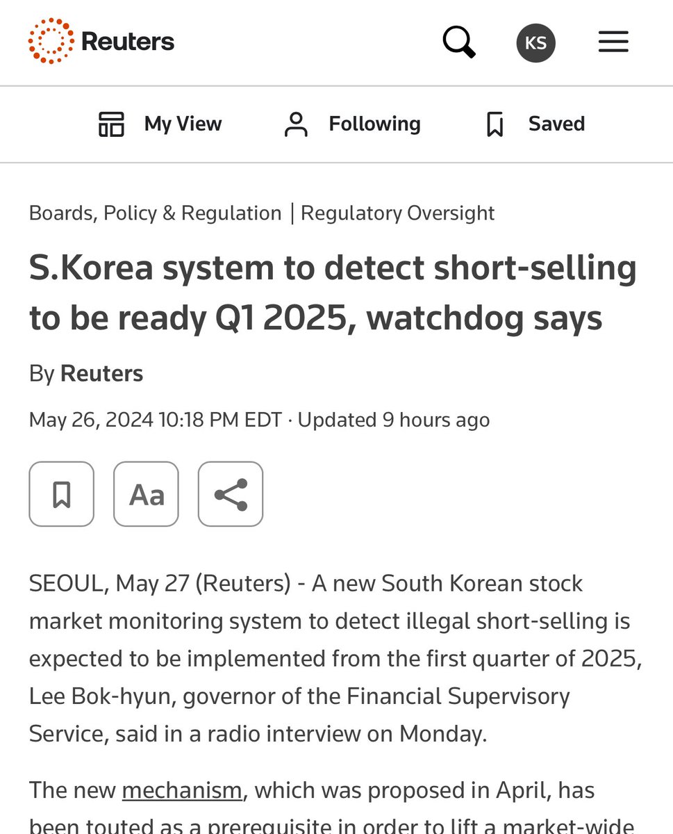South Korea's Illegal Short Selling Detection System to be ready Q1 -2025 'A new South Korean stock market monitoring system to detect illegal short-selling is expected to be implemented from the first quarter of 2025, Lee Bok-hyun, governor of the Financial Supervisory