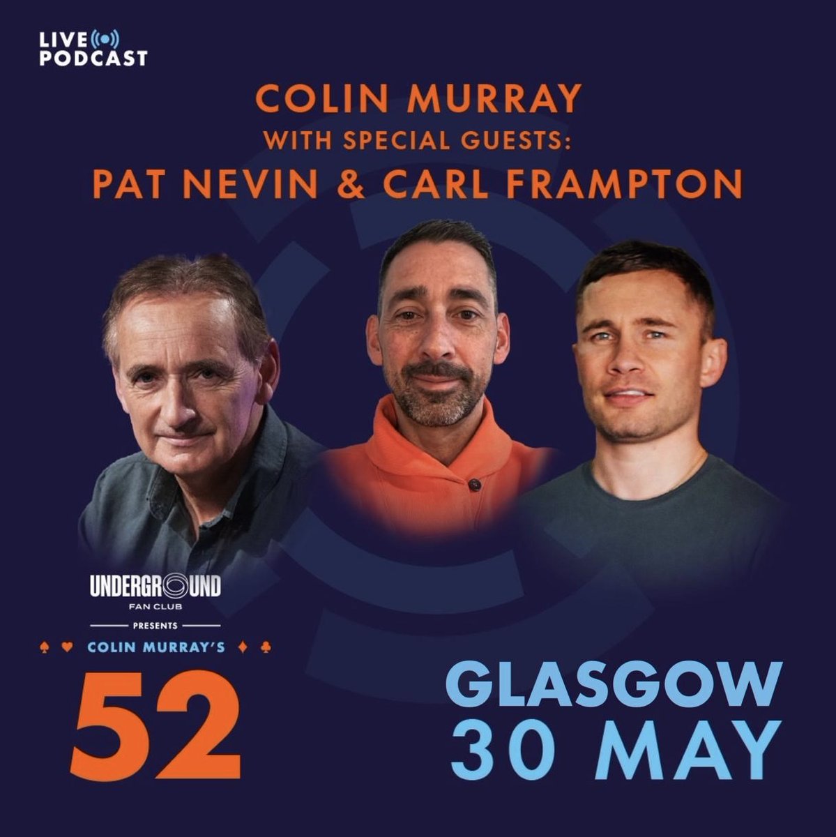 We're back this Thursday for more #colinmurrays52 this time from @GrosvenorCasino in Glasgow. Join @ColinMurray and his guests @PatNevin & @RealCFrampton for an interview like no other, as every question asked is left to chance. Tickets available here- bit.ly/3QjoFQa