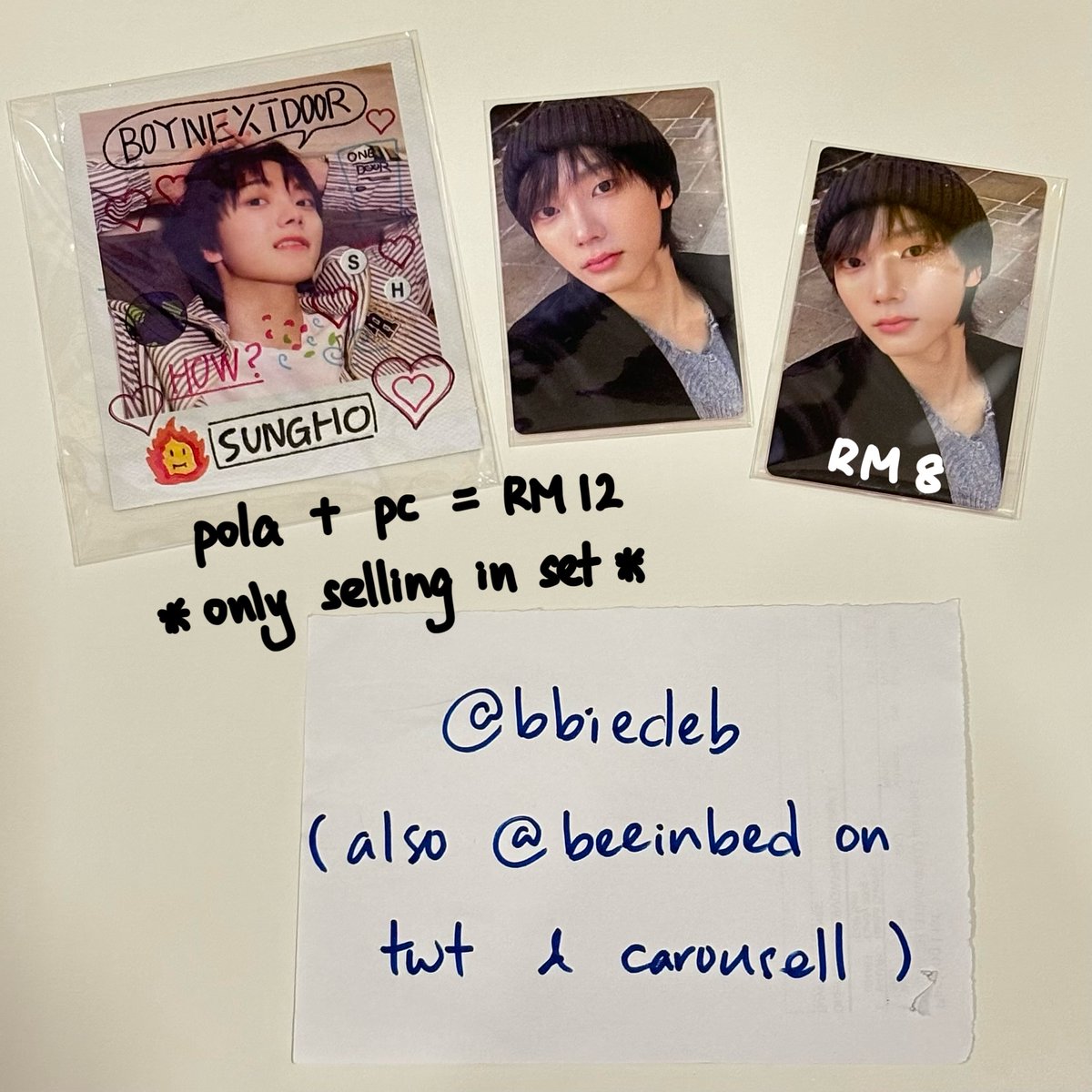 beeinbed's tweet photo. [ wts / lfb ] boynextdoor bnd how sticker ver sungho photocard polaroid

or [ wtt ] to jaehyun pc taesan pc pola

📦 on hand
📮 postage RM8 wm / RM15 em
📍 can meetup if im convenient
🛎️ depo ok (back out no refund)

@pasarbnd #pasarboynextdoor #pasarbonedo #pasarboynextdoormy https://t.co/aNUrM6O3OZ