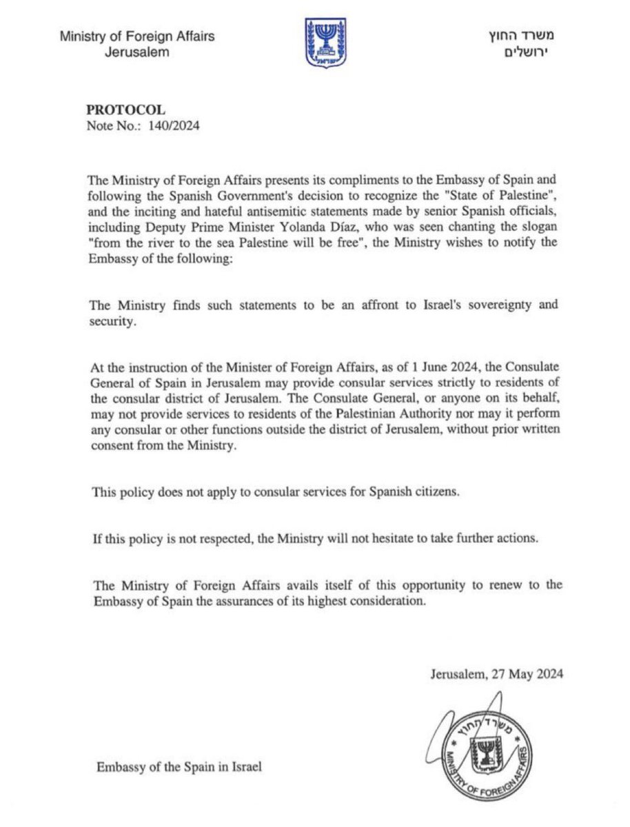 💢 İsrail, İspanya'nın Filistinlilere konsolosluk hizmeti vermesini yasakladı. #RafahOnFire 🇵🇸 #GazzedeKatli̇amVar