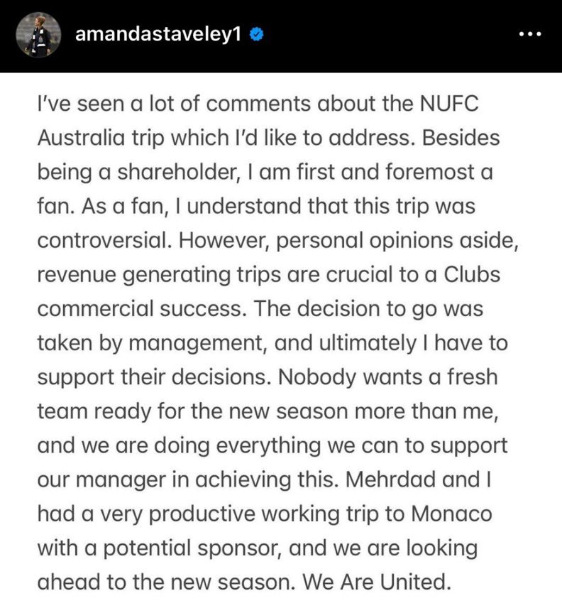 #NUFC co-owner Amanda Staveley on Instagram 🗣️ 

Great to see some transparency and honesty from our owners - a breath of fresh air really, which we weren’t used to under previous management. 🤝 

#NUFCFans #PL