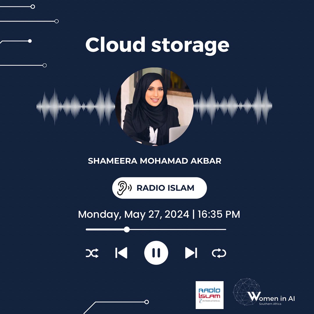 Join us in listing to Shameera Akbar on Radio Islam today at 16:35 SAST. She will be shedding light on the significance of cloud storage in today’s digital landscape 🚀

This is a must listen to anyone interested in tech innovation ☁️💻 #CloudComputing #ExpertInsights