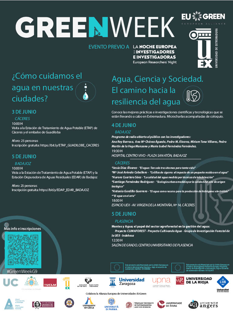 UExDivulga's tweet photo. 💦Ya tenemos el programa completo de  #GREENWEEKG9: "𝐋𝐚 𝐫𝐞𝐬𝐢𝐥𝐢𝐞𝐧𝐜𝐢𝐚 𝐝𝐞𝐥 𝐚𝐠𝐮𝐚", con @EUGREENalliance. Una semana de actividades gratuitas y abiertas al público 🌿

- 𝐂𝐚́𝐜𝐞𝐫𝐞𝐬: lunes 3/6//10h visita ETAP y Guadiloba; martes 4/6//18h charlas en Espacio UEx (antiguo ILM)
-𝐁𝐚𝐝𝐚𝐣𝐨𝐳:  martes 4/6//19:30h charlas y radio en directo en @El_Hospital_  ; miércoles 5/6//10h visita ETAP y EDAP
- 𝐏𝐥𝐚𝐬𝐞𝐧𝐜𝐢𝐚: miércoles 5/6//12:30h charlas en @UExPlasencia 

👉https://t.co/VZVCDCKe1R