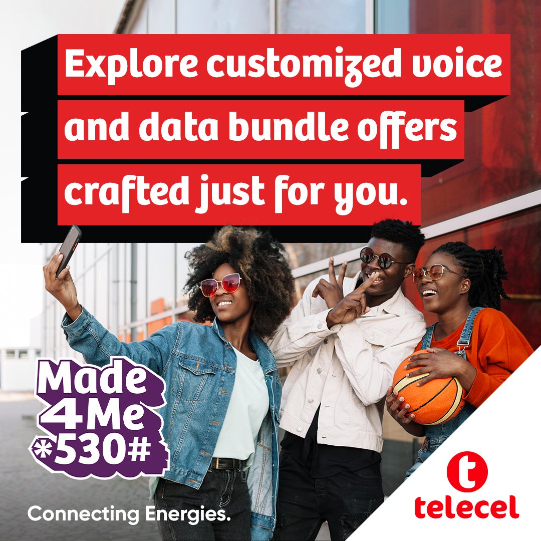 With voice and data bundles customized for you, stay connected for everything, from squad hangs to selfies! Just dial *530# or visit Telecel Play to subscribe. #Telecel #ConnectingEnergies #Made4me