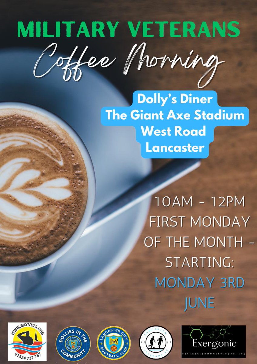 ☕️ | 𝗖𝗼𝗳𝗳𝗲𝗲 𝗠𝗼𝗿𝗻𝗶𝗻𝗴 Starting Monday 3rd June on the first Monday of each month, our @LancasterVetFC will host a Coffee Morning from 10am at Dolly's Diner. All veterans are welcome, get yourself down to the stadium and have a chat. #OurCity • #COYDB • #ADAW