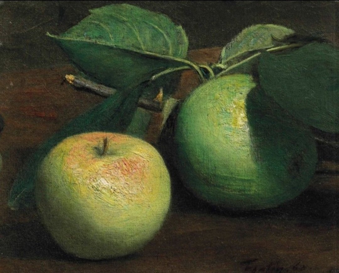 Henry Fantin-Latour painted numerous sketches of fruit and flowers which found huge acclaim in England, less so in his native France. This work of apples (1867) was held in high regard by fellow painters in the Batignolles group whose best-known member was Edouard Manet.