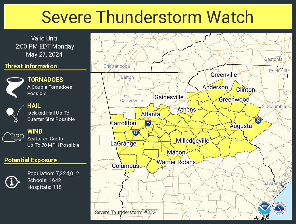 A severe thunderstorm watch has been issued for parts of Georgia and South Carolina until 2 PM EDT