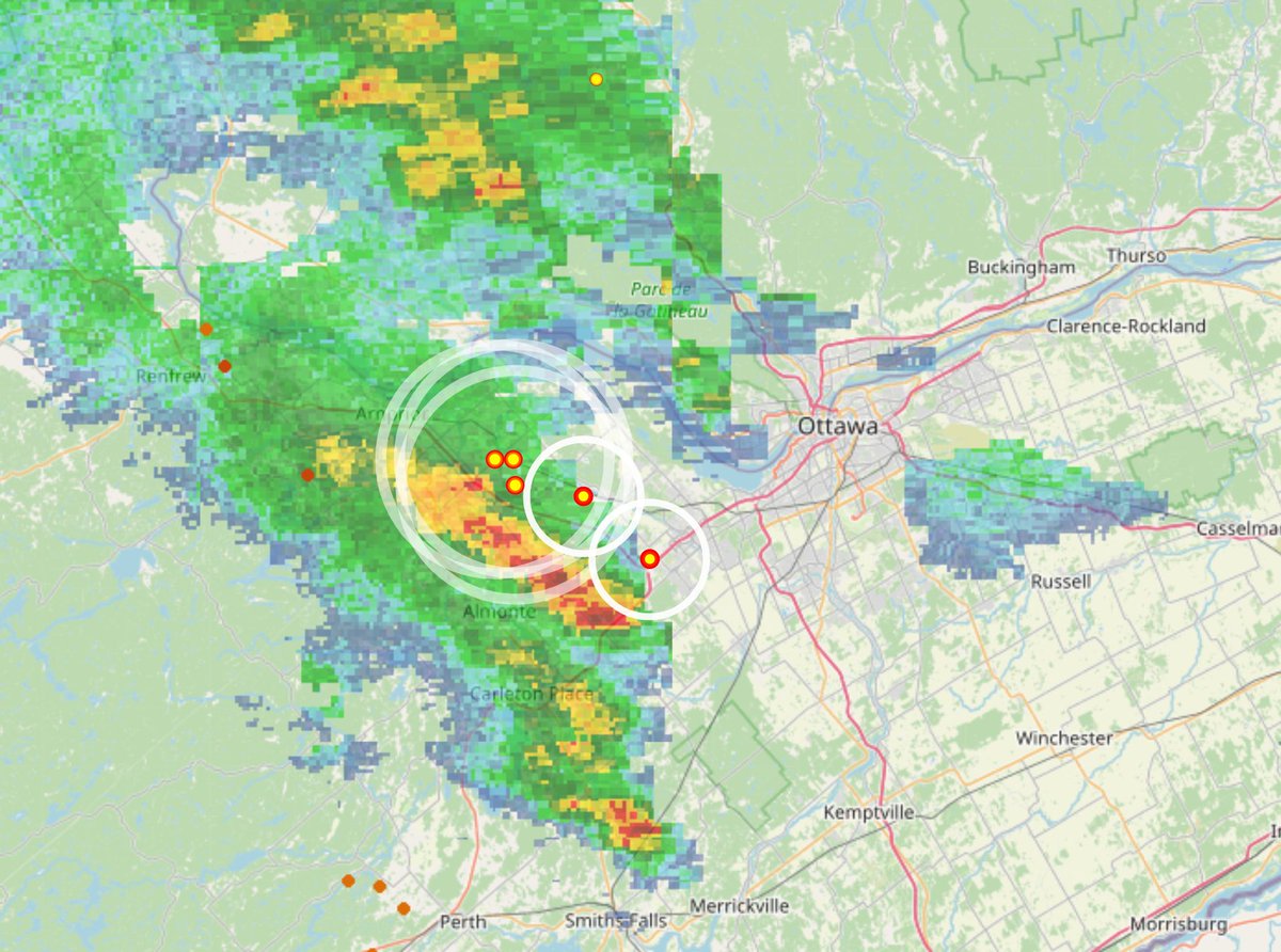 There is a pretty significant thunderstorm in the West end. It's travelling almost due North, so it will likely hit only extreme Western areas; and it doesn't have much lightning, but it looks like it has a lot of rain!