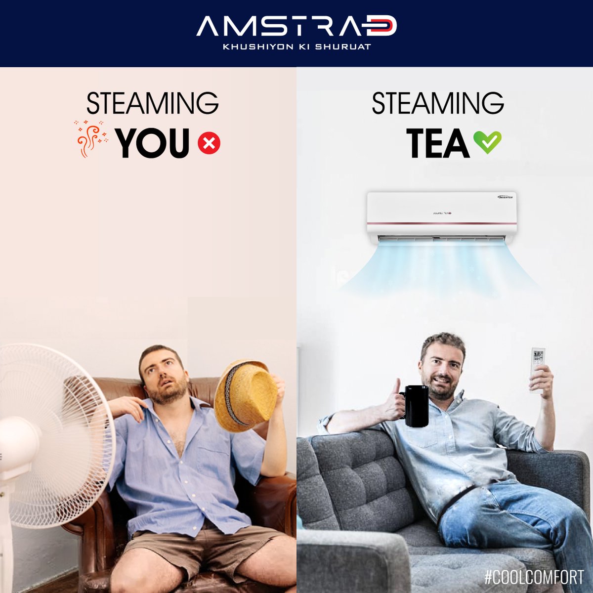 Beat the heat, not your cuppa! Enjoy steaming tea & cool comfort with Amstrad AC. #Amstrad #AmstradAC #AirConditioner #SummerCoolBrew