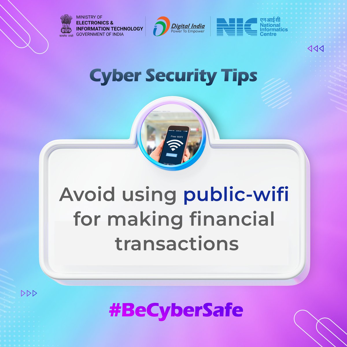 #CyberSecurityTips

Avoid using public #WiFi 🛜 for making financial transactions.

Courtesy: @SSOIndia 
#NICMeitY #CyberSecurityAwareness #CyberSecurity #BeSafeOnline