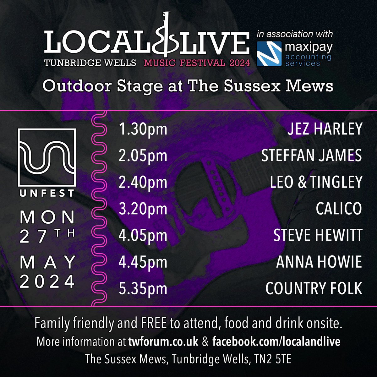 Join us today <a href="/TWSussexArms/">The Sussex Arms</a> MEWS for day 3 of the <a href="/Local_and_Live/">Local & Live</a> stage as part of <a href="/UnfestTW/">Unfest</a> it’s FREE to attend music today from 1.30pm! ❤️🎸

<a href="/TWellsCouncil/">TWBC</a> <a href="/rtwtogether/">Royal Tunbridge Wells Together</a> <a href="/tw_events/">Tunbridge Wells Events 👑</a> <a href="/TWellsTourism/">Visit Tunbridge Wells Tourist Info</a> <a href="/twforum/">tunbridgewellsforum</a> 
<a href="/TWdwntwn/">dwnTWn</a> <a href="/TWYFC_Official/">Tunbridge Wells Youth FC</a> <a href="/FoCGTunWells/">Calverley Grounds TW</a> #livemusic #grassroots #festival