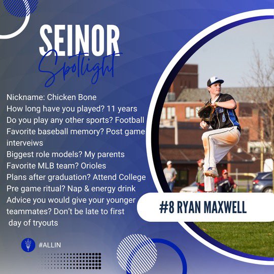 Our next senior shoutout goes to Ryan Maxwell. Ryan was one of our top arms and played 3B. He was tied with doubles, and led the team with 3 HR’s! He also had 47 K’s on the bump! Congrats Ryan and best of luck! @BCSDBlueDevils @PickinSplinters @PrimetimeBall_ @baseballsectv