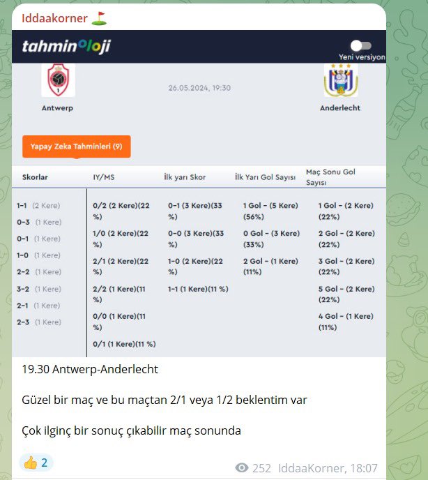 Tahminoloji istikrarlı şekilde kazandırmaya devam ediyor! Günün Alternatif Kombinesi✅ Antwerp-Anderlecht 2’den 1✅ Porto-S Lisbon 1-1 skor✅ Maç sonu X✅ Changchun Yatai-Henan Jianye 0-0 skor✅ Maç sonu 0-0✅ Tahminoloji’ye bekleriz ⬇️⬇️⬇️⬇️⬇️⬇️⬇️⬇️ tahminoloji.com/tr/packages