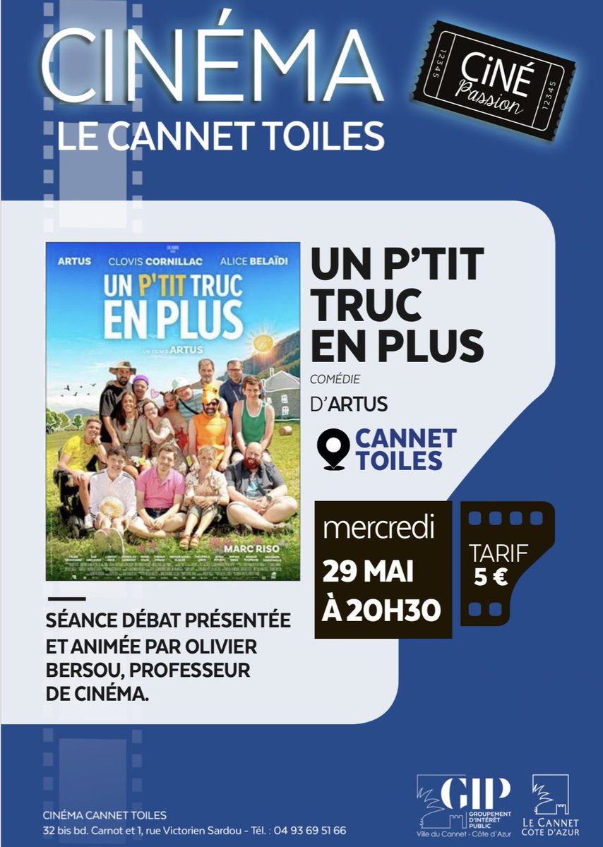 #LeCannet #cinema
CINÉ PASSION
👉MERCREDI 29 MAI À 20H30
👉Cinéma Cannet Toiles
👉TARIF : 5 €
👉Un p’tit truc en plus (Comédie)
2024 - France – 1h39
De Artus
Avec Artus, Clovis Cornillac, Alice Belaïdi…
👉Séance débat présentée et animée par Olivier Bersou, professeur de cinéma