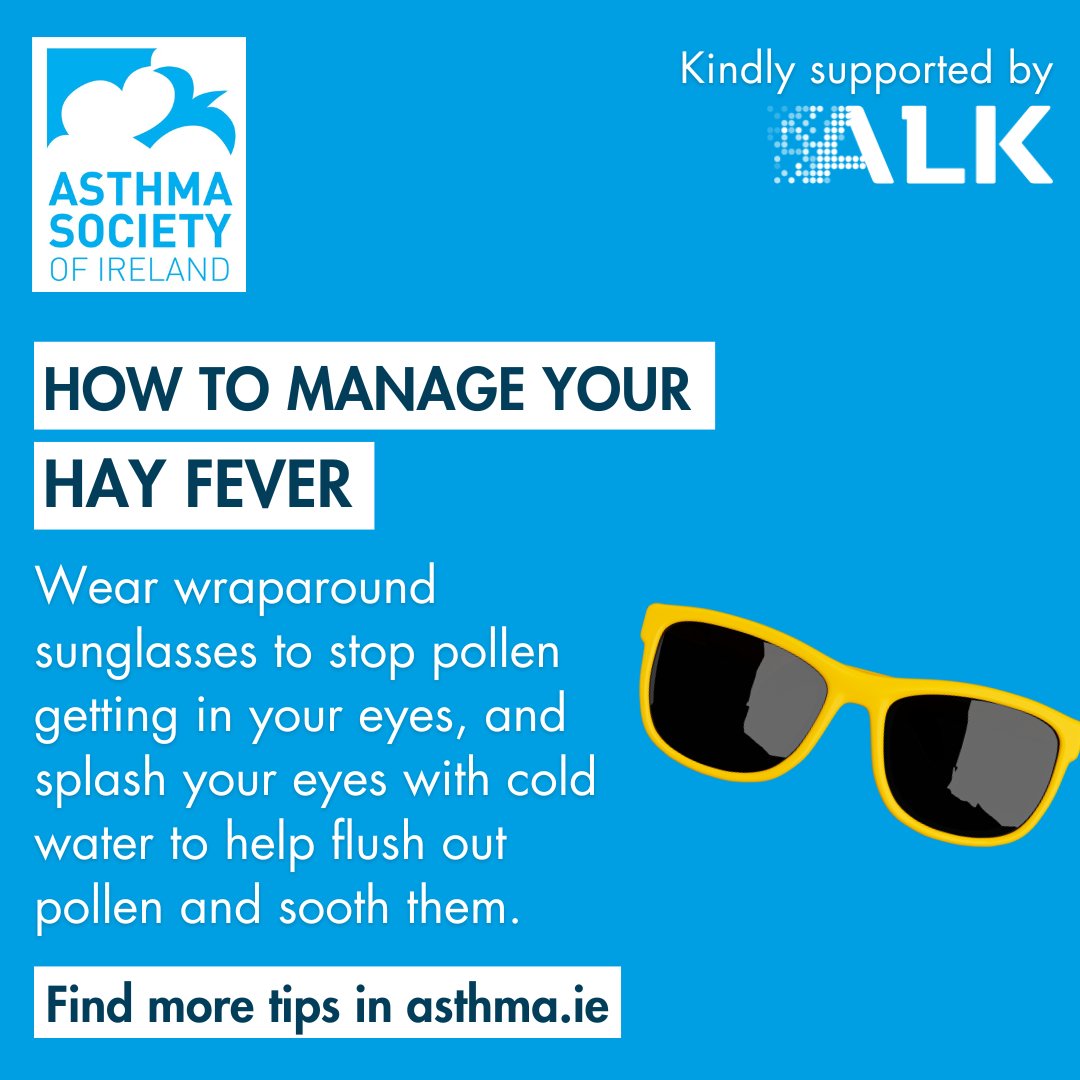 Struggling with hay fever this season? Try wearing wraparound sunglasses to keep pollen out of your eyes and splash them with cold water to flush out pollen and soothe irritation. 🕶️🔗 Discover more tips in asthma.ie