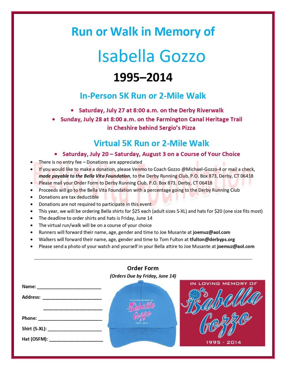 derby_running's tweet photo. Derby Middle School Coach Mike Gozzo is once again hosting a 5K and 2-mile walk in memory of his daughter, Isabella. There are options for in-person or virtual run/walk.

Coach Gozzo is also offering hats this year!

Please see the attached flyer for more information. https://t.co/5jWXMJVVoM
