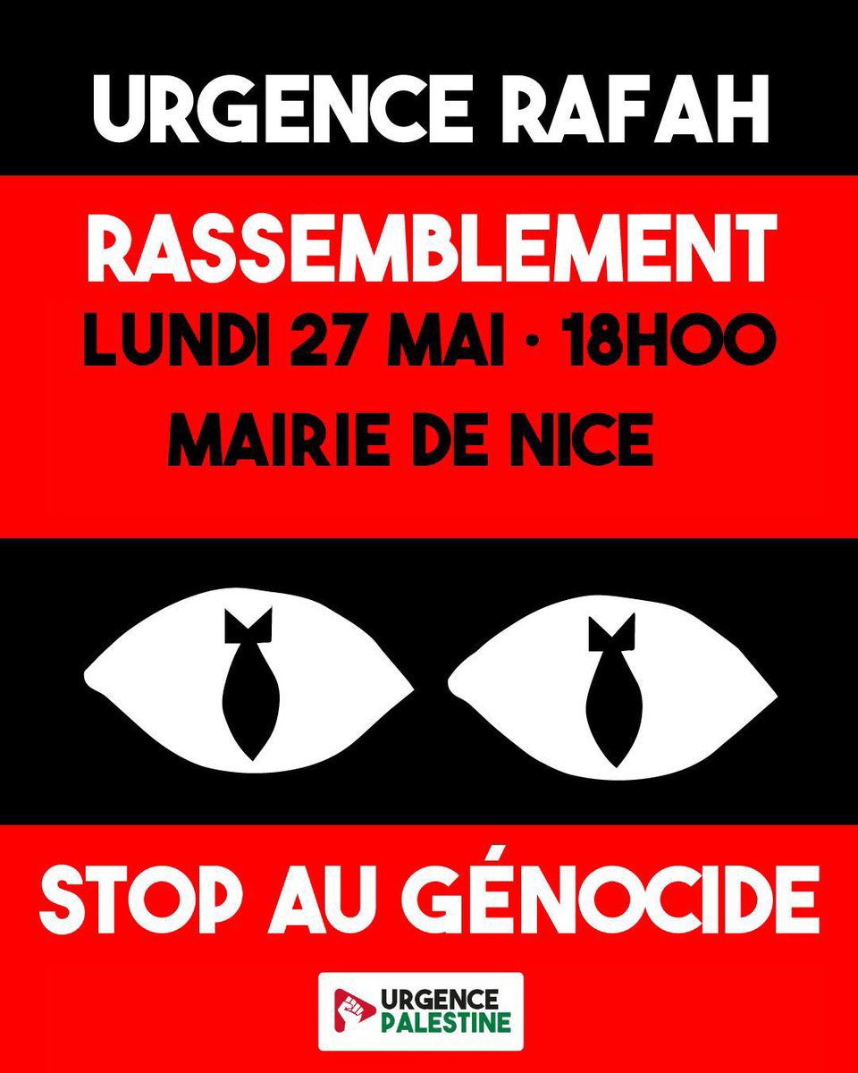 Amis niçois, une manifestation est organisée ce lundi soir à 18 heures devant la mairie de Nice pour protester contre le génocide en cours à Gaza.