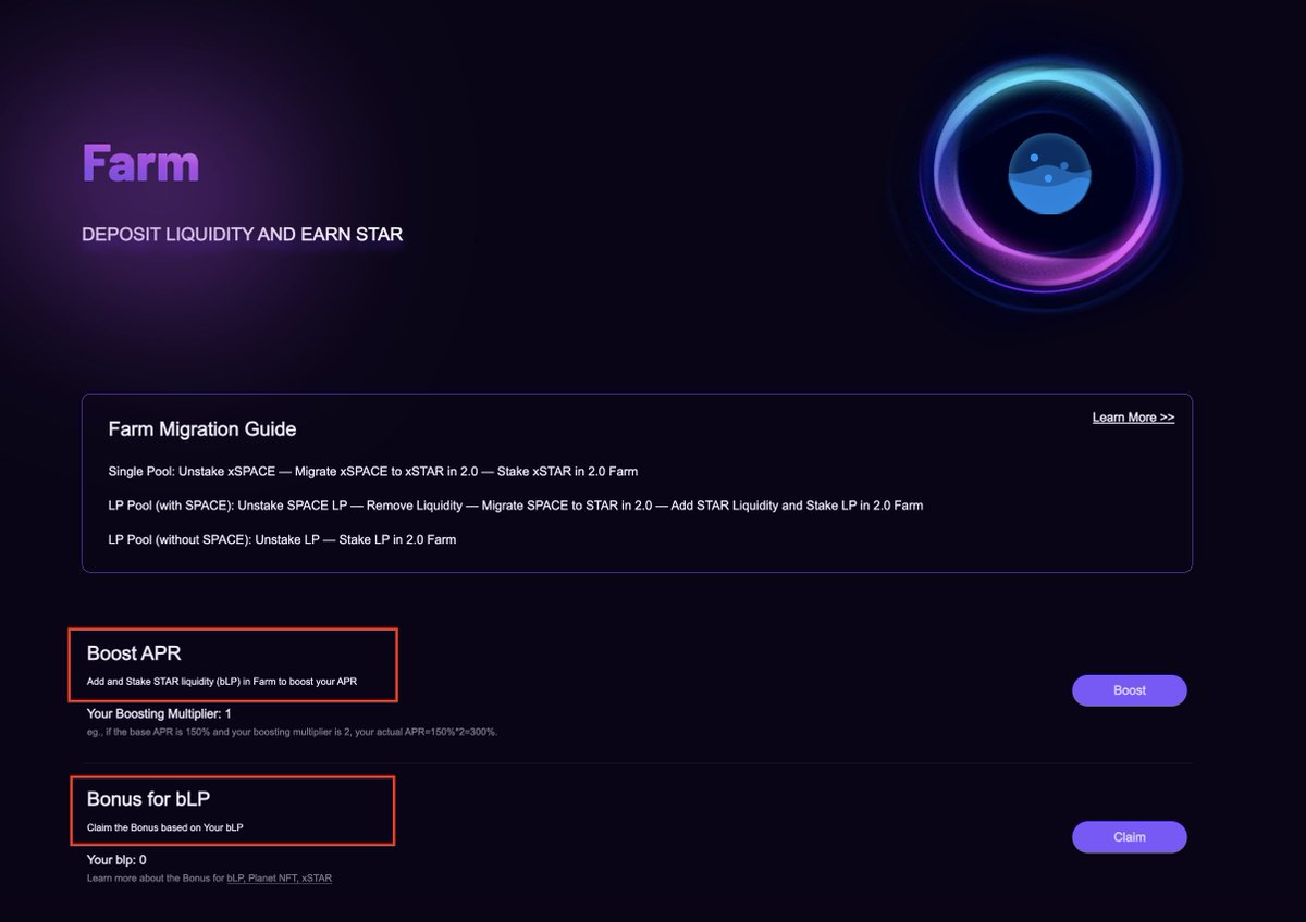 Before the arrival of zkSync Summer, we will launch an exclusive warm-up event on SpaceFi 2.0: STAR Farm.

2.0 Farm brings some new features to the zkSync ecosystem, such as bLP, boost APR, etc. We will additionally provide 15,000 xSTAR to reward more users exploring the zkSync