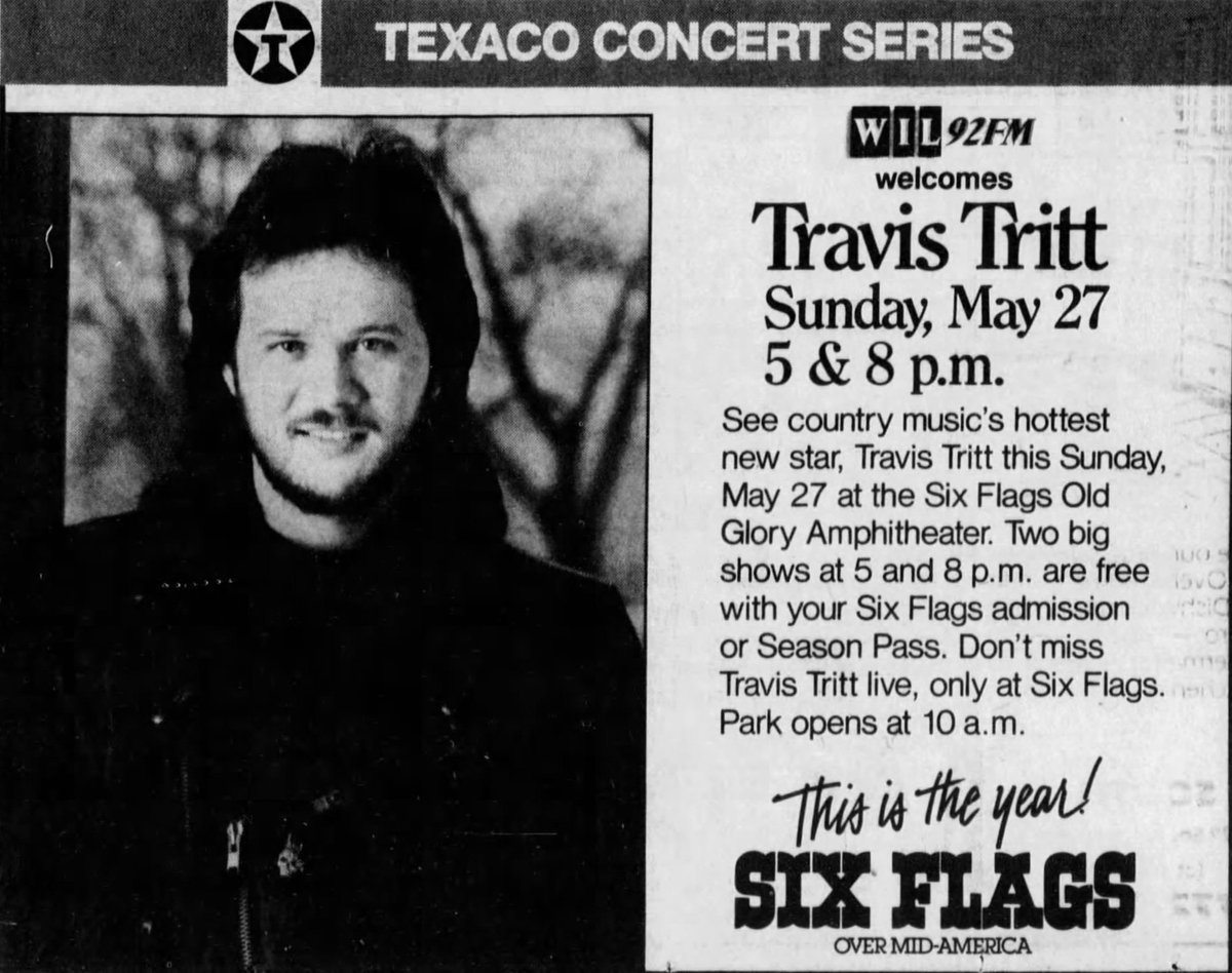 Ad of @Travistritt performed at the Six Flags Old Glory Amphitheater in Six Flags Over Mid-America, now Six Flags St. Louis, on this day in 1990.
@CrRedneck123 @sheri_lynn95252 @1klmeeks @Middlekens @rhonda_kinnaird @VirginiaAWhite3 @Angel_Wings45 @SixFlags