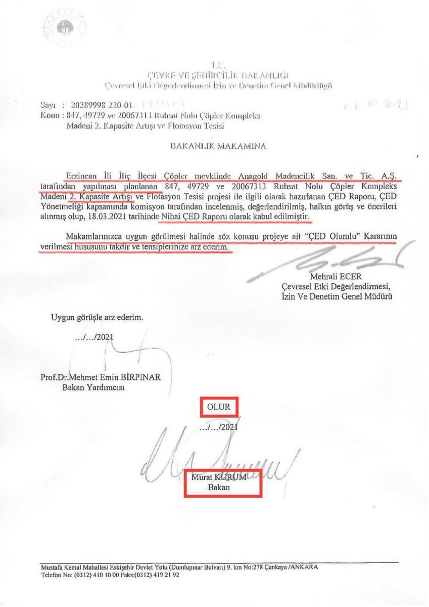 Erzincan’ın İliç ilçesinde 9 işçinin yaşamını yitirdiği siyanürlü altın madeni faciasının yaşandığı madene “ÇED olumlu ve 2. Kapasite Artışı” iznini veren yetkilinin Murat Kurum olduğu ortaya çıktı. CHP’li Deniz Yavuzyılmaz, onay ile ilgili belgeyi paylaştı.