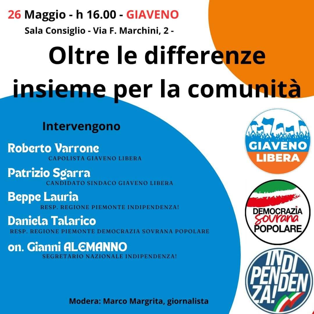 OLTRE LE DIFFERENZE: Indipendenza, Democrazia Sovrana Popolare e Giaveno Libera con Gianni Alemanno:

A Giaveno, in provincia di Torino, ci sarà l'incontro elettorale tra le forze congiunte di DSP e Indipendenza che uniranno le loro forze.

youtube.com/watch?v=HeYzY-…