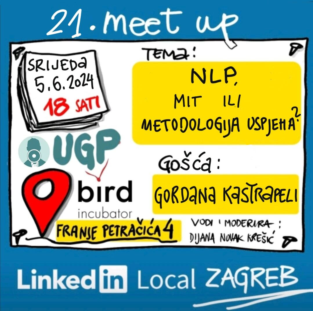 👩‍🏫 Na 21. meet up u goste kod Dijana Novak Kresic dolazi nam Gordana Kastrapeli, certificirana trenerica neurolingvističkoga programiranja (NLP) i humanističke neurolingvističke psihologije (HNLP). 

Event se ne naplaćuje. 

Prijave putem maila meet@dijananovak.com