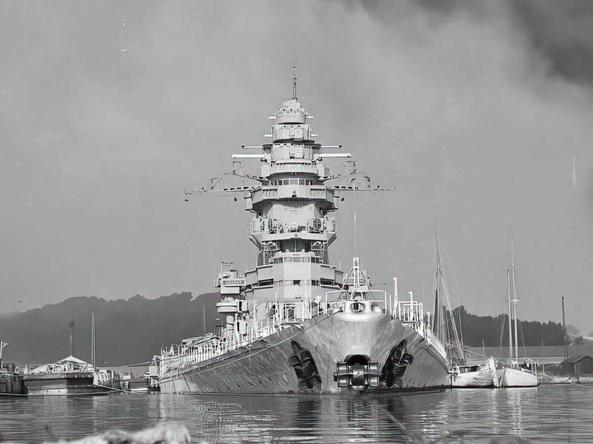 French battleship Strasbourg lies stricken at Toulon Navy base, 1943