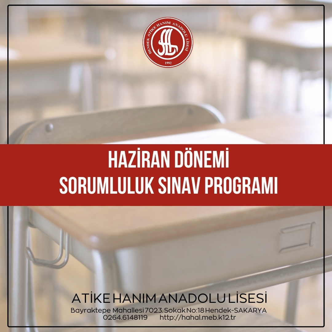 AtikeHanimAL's tweet photo. Haziran dönemi sorumluluk sınav takvimi internet sitemizde yayımlanmıştır. Öğrencilerimize duyurulur.

Detaylı bilgi için https://t.co/jNicCBrV7T

#Sorumluk #Sınav #HaziranDönemi #Hendek #AtikeHanımAnadoluLisesi #HAHAL https://t.co/esIXVPjd4c