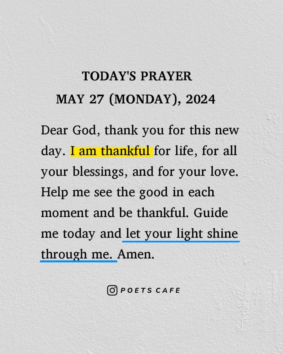 A prayer for today … Grateful for this new day filled with blessings and love. May I see the good in every moment and let your light shine through me & guide my way in all I do! Amen. 🙏✝️👇