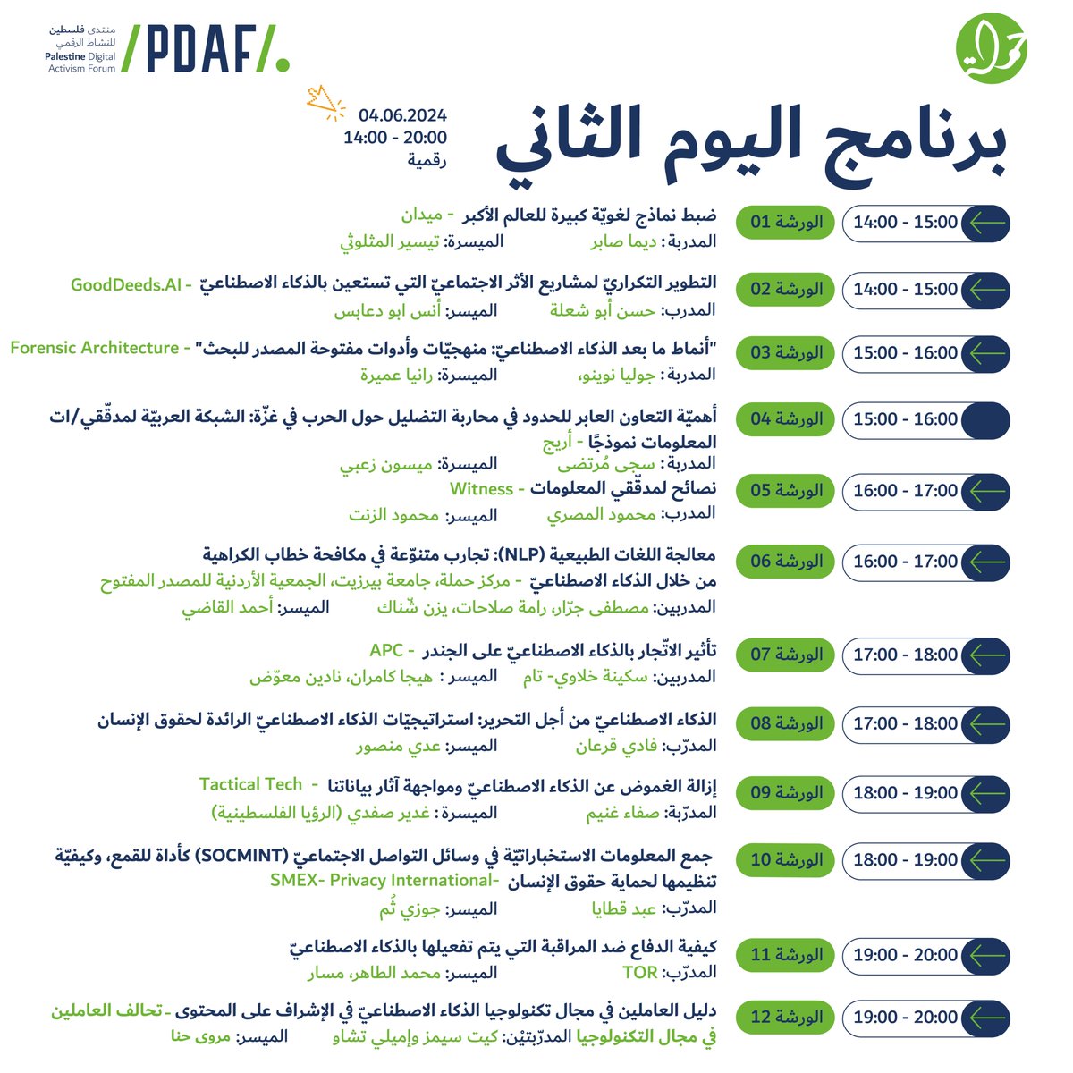 شاركونا في منتدى فلسطين للنشاط الرقميّ 2024 - 'الذكاء الاصطناعيّ (AI): وعود ثوريّة وواقع تميّيزيّ'، لاستكشاف دور الذكاء الاصطناعي في سياق الحرب، وتأثيره على الحقوق الرقمية تصفحوا أجندة المنتدى وسجلوا الآن للحضور الرقمي: cutt.ly/KetgRXdS #PDAF2024