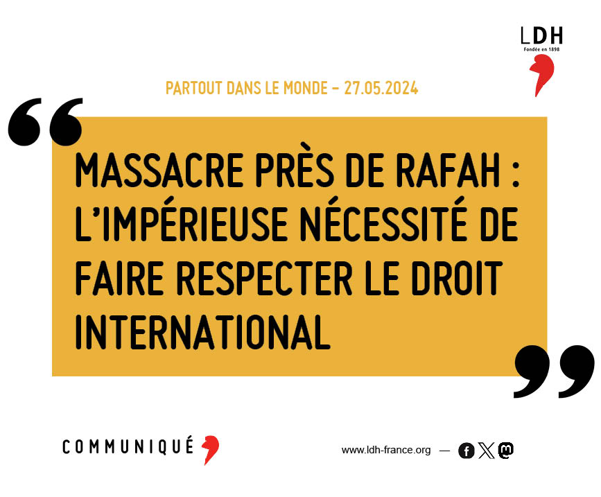 🔴La #LDH appelle donc instamment la France à agir pour que soient prises, en particulier avec l’Union européenne, les mesures efficaces pour faire respecter la décision de la #CIJ. #CeasefireForGaza ➤ ldh-france.org/massacre-pres-…