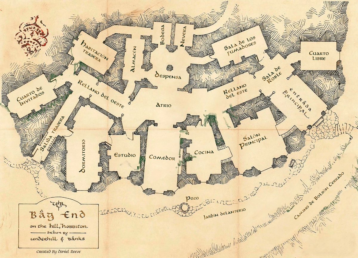 Mapa por habitaciones de Bolsón Cerrado en la Tierra Media de Tolkien que he traducido.