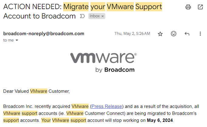 MalwareJake's tweet photo. So @Broadcom sent out "must move your account" emails on the 2nd (Thursday) and shut down the VMware portal on the 6th (Monday).

I hope every Broadcom executive involved in this "migration" experiences significant pain this week as karma for the pain they inflicted on VMware customers with this move. I mean that from the bottom of my heart.