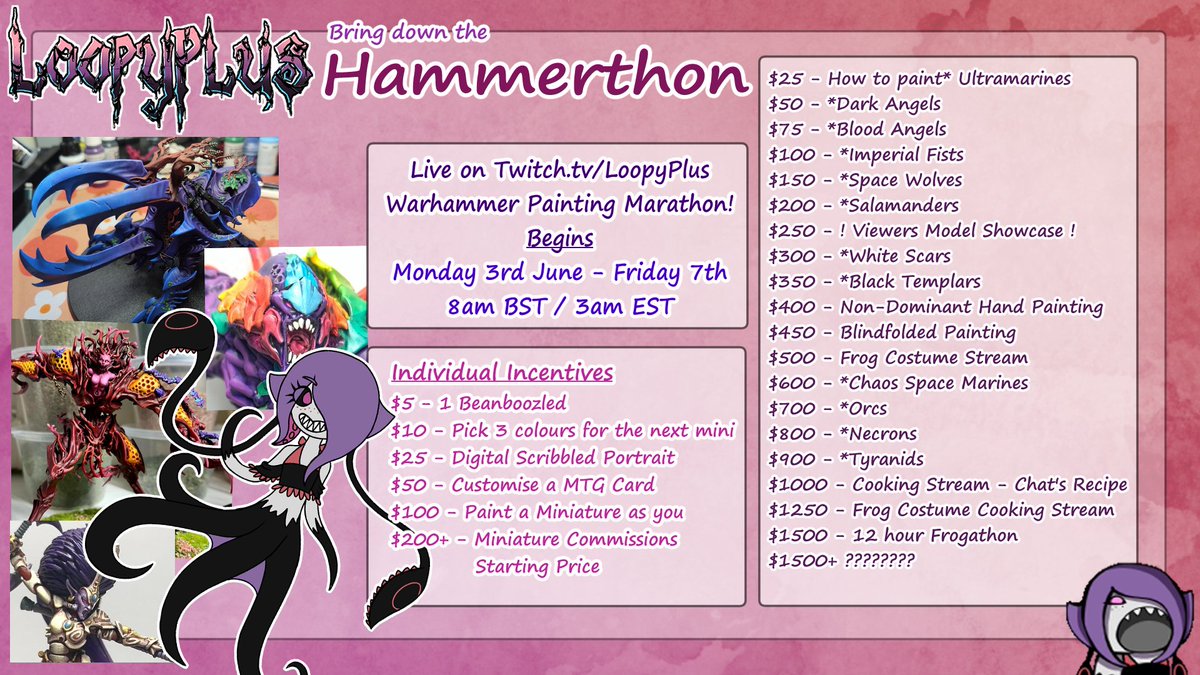 🍓Hey Warhammer fans!
Very soon! I'll be doing a painting marathon! 
Just me and a bunch of miniatures for a whole week!

Are you looking to learn? After hints and tips or you just want to chat with others who play?
Come and find me! 
Let's paint some minis!🦑