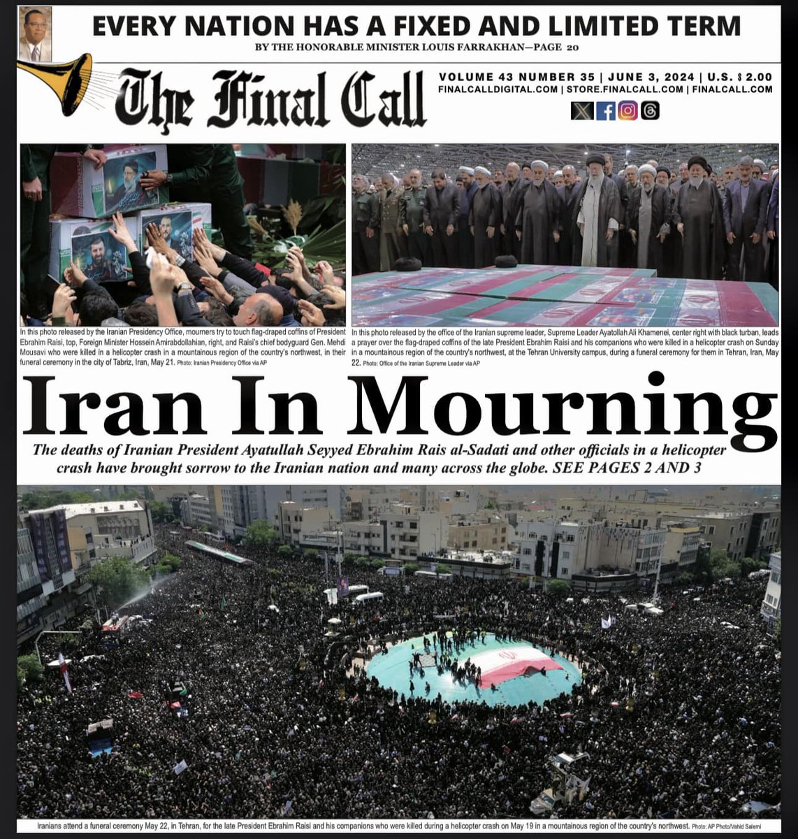 Renata564's tweet photo. The New Edition Of The Final Call Is Here
IRAN IN MOURNING
Subscribe https://t.co/DOi2b5kYBd
Visit https://t.co/9sNGvZCQvf
Call 866-602-1230 ext 200
The F.O.I. in your community
#TheFinalCall #Farrakhan #Iran #IranInMourning https://t.co/wOCjk058Qh