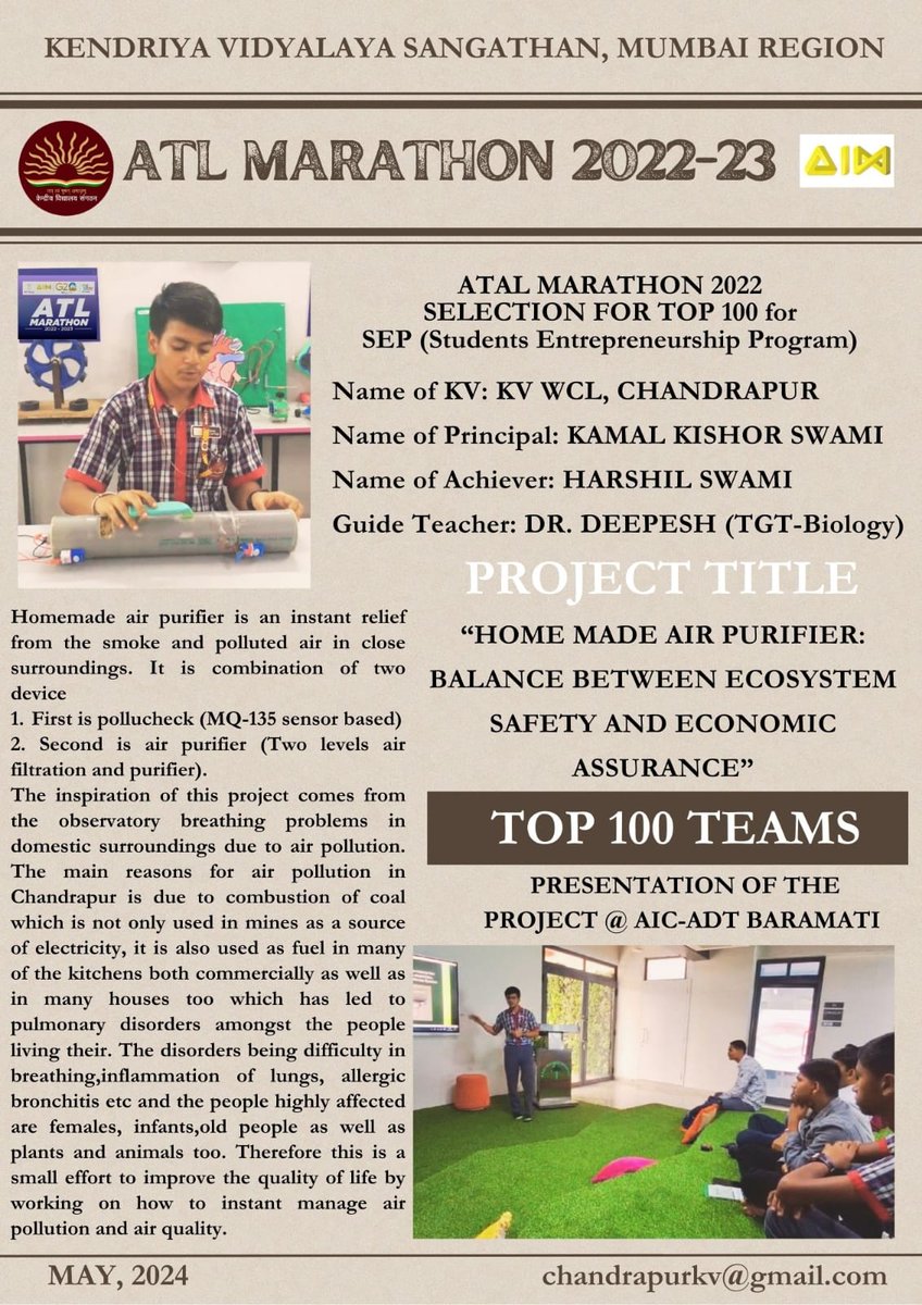 Kudos to Harshil Swami of #KV WCL Chandrapur for making it to the top 100 in the Student Entrepreneurship Programme of Atal Innovation Mission! His project, 'Home Made Air Purifier: Balance between Ecosystem Safety and Economic Assurance,' is truly inspiring.
#ProudKVians