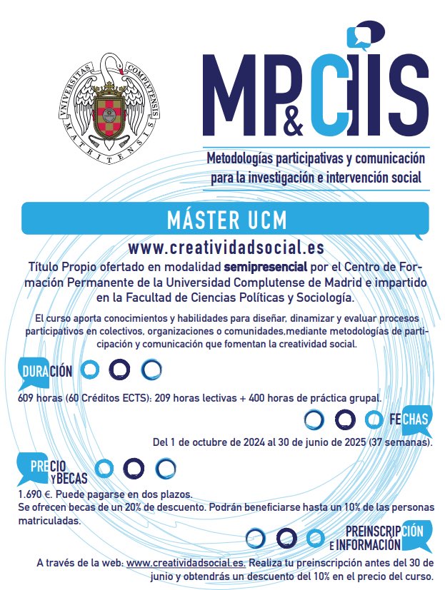 Master en Metodologías Participativas y Comunicación para la Investigación e Intervención Social

Más info ⬇️⬇️

ucm.es/cfp/estudios/2…